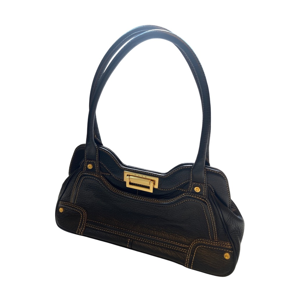 Maxx New York Black Pebbled Genuine Leather Shoulder Bag Paisley Lining Gold HW